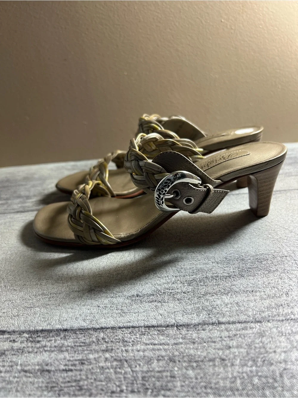 Brighton Sandals Shoes Womens 6.5 M Beige Gold Leather Braided Slide Buckle Fiji